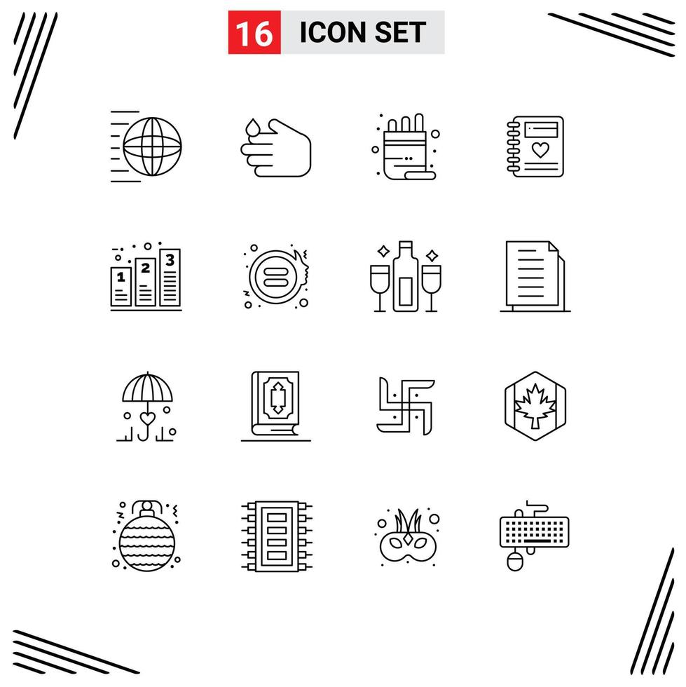 Group of 16 Modern Outlines Set for bar heart wash love pencil Editable Vector Design Elements