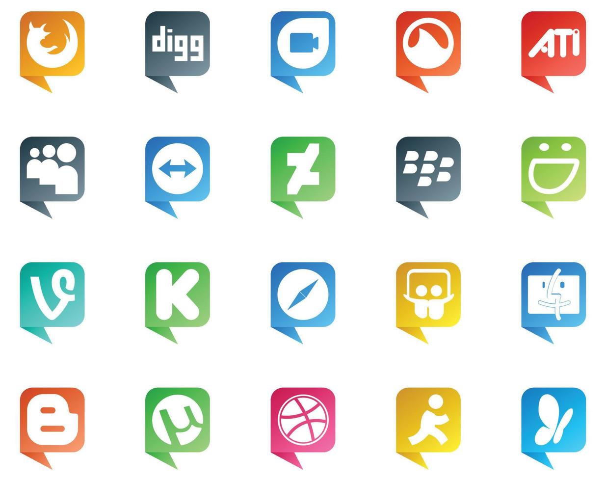 20 logotipo de estilo de burbuja de discurso de redes sociales como blogger slideshare deviantart navegador kickstarter vector