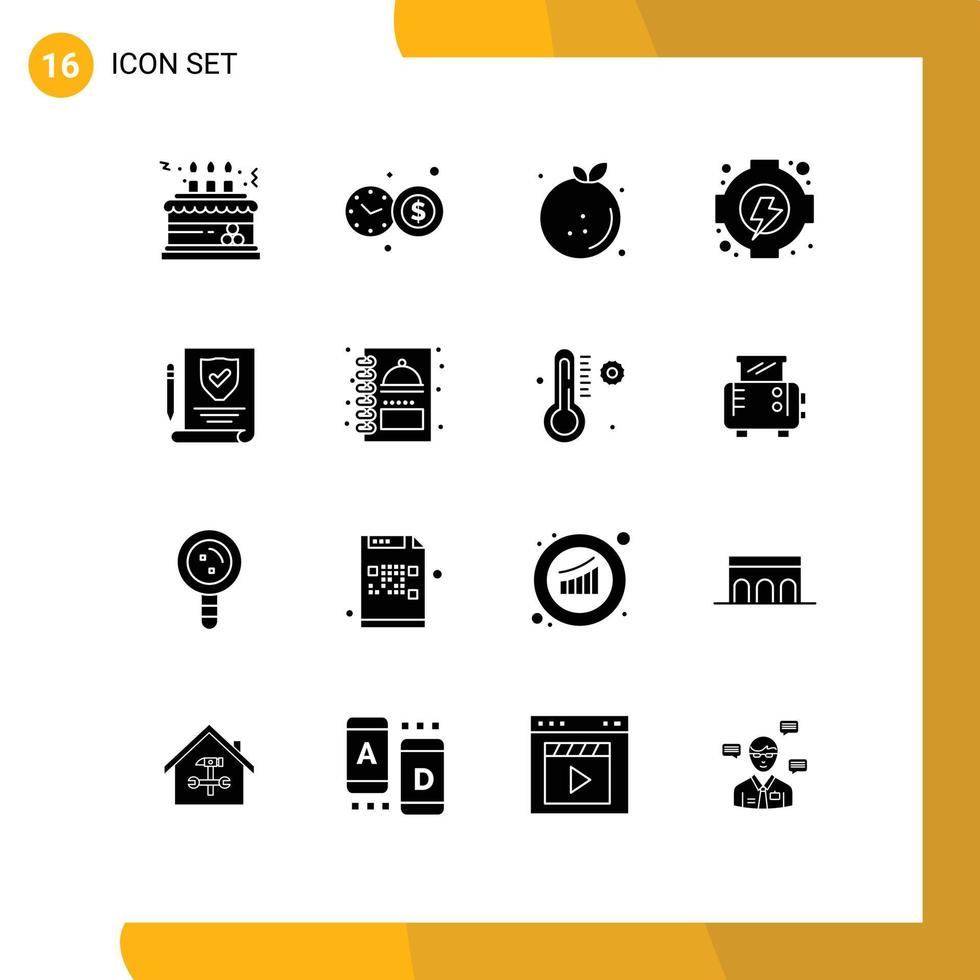Editable Vector Line Pack of 16 Simple Solid Glyphs of paper generation citrus gear orange Editable Vector Design Elements