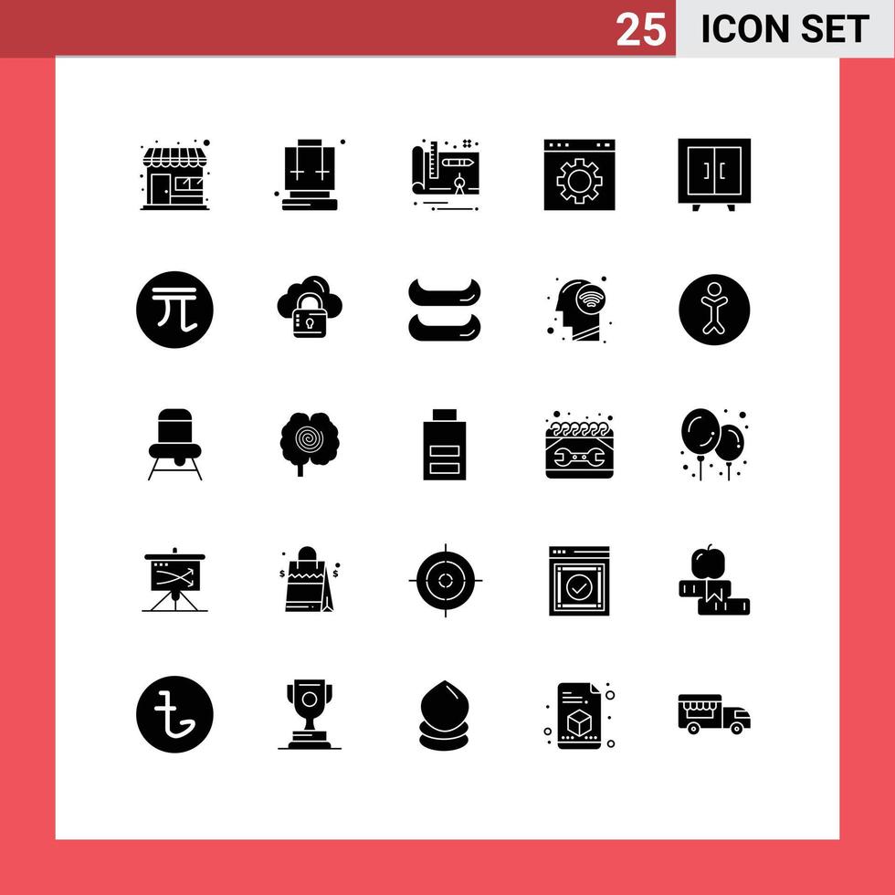 Solid Glyph Pack of 25 Universal Symbols of furniture setting architecture page gear Editable Vector Design Elements