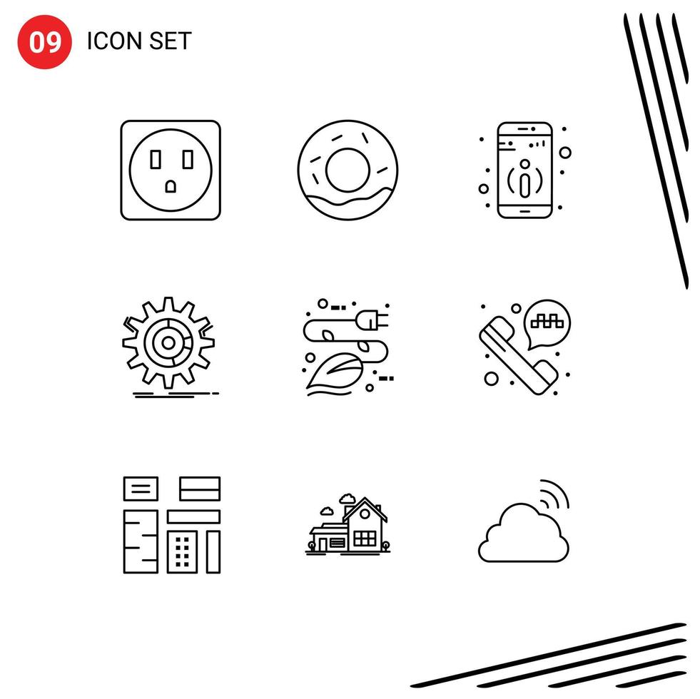 User Interface Pack of 9 Basic Outlines of eco leaf setting energy progress Editable Vector Design Elements