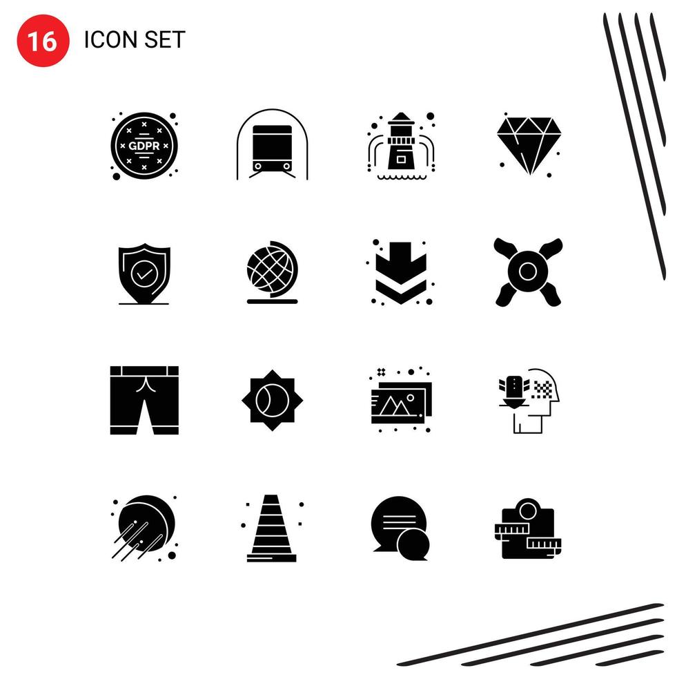 Solid Glyph Pack of 16 Universal Symbols of security confirm vehicles wedding diamond Editable Vector Design Elements