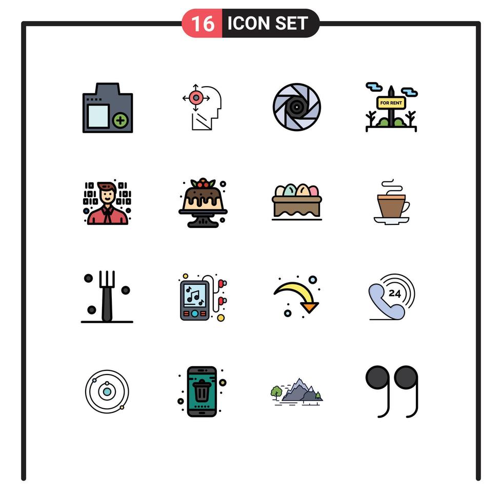 Mobile Interface Flat Color Filled Line Set of 16 Pictograms of development real estate head sign shutter Editable Creative Vector Design Elements