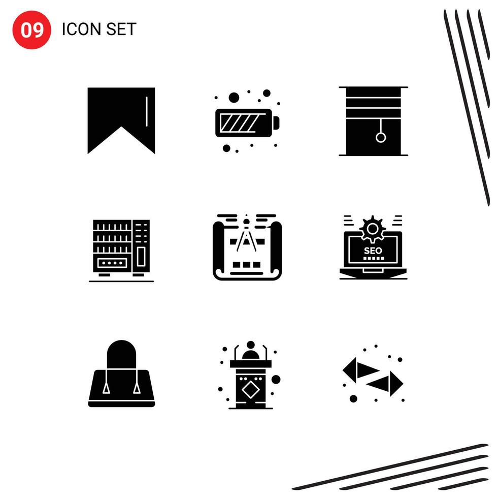 Mobile Interface Solid Glyph Set of 9 Pictograms of sketch blueprint interior drawer interior Editable Vector Design Elements