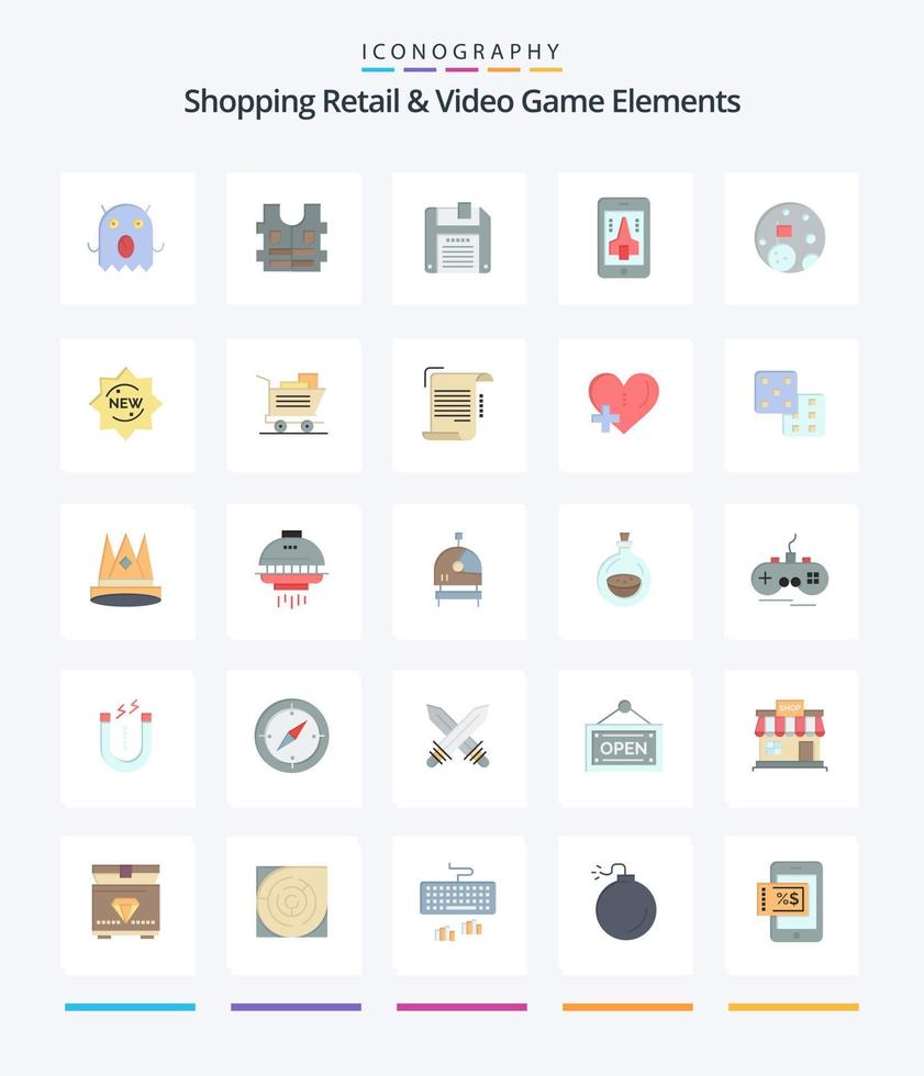 Creative Shoping Retail And Video Game Elements 25 Flat icon pack  Such As new. space. save. flag. smartphone vector