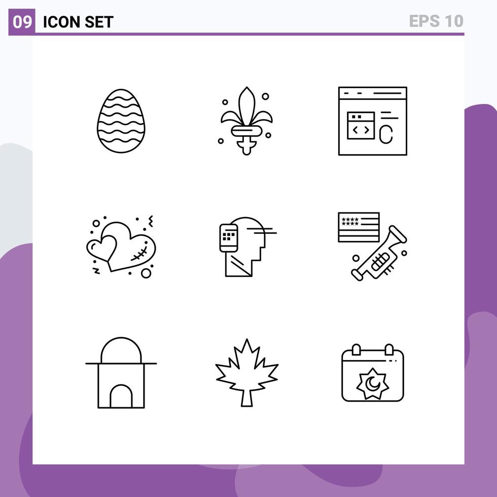 Universal Icon Symbols Group of 9 Modern Outlines of communication love c hearts development Editable Vector Design Elements