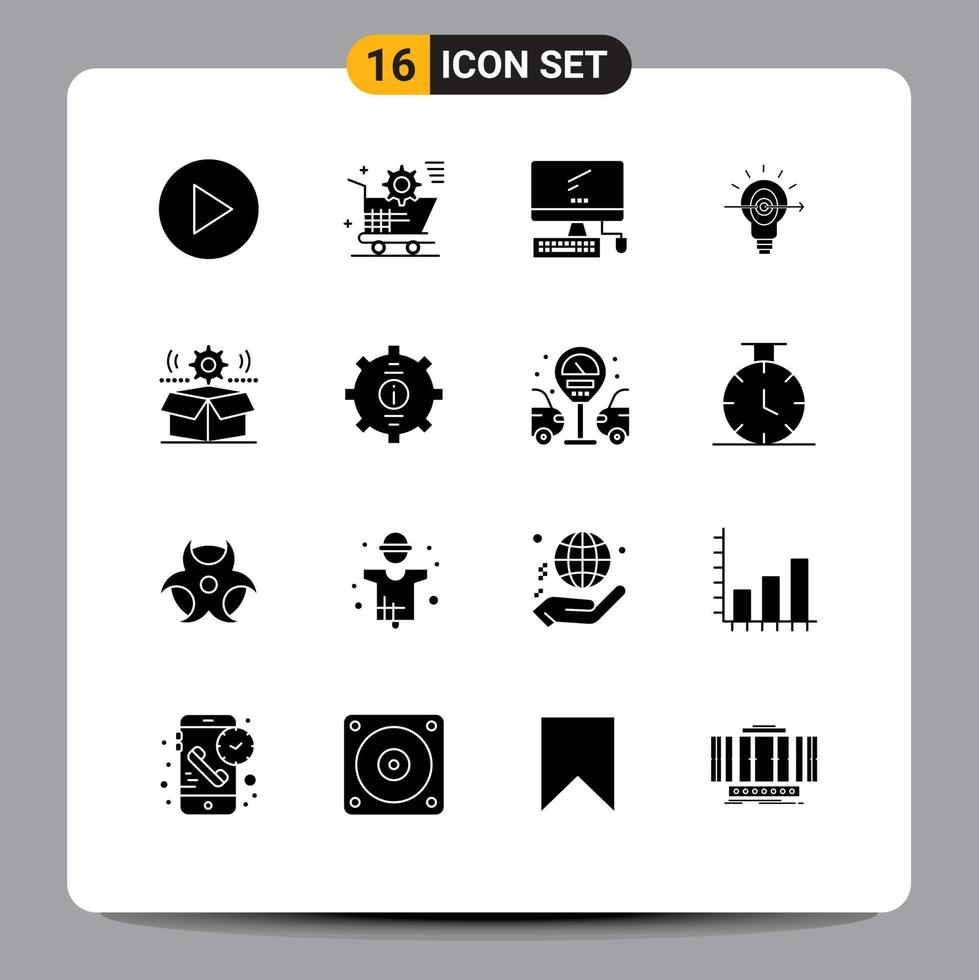 Pack of 16 Modern Solid Glyphs Signs and Symbols for Web Print Media such as cog business monitor focus bulb Editable Vector Design Elements