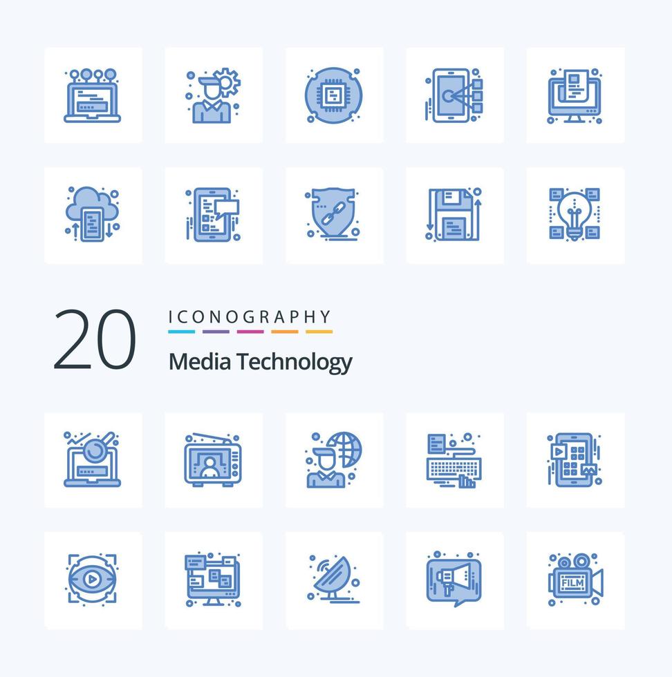 20 Media Technology Blue Color icon Pack like menu attach internet type hands vector