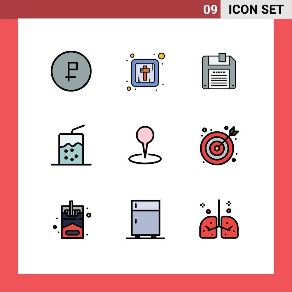 conjunto de 9 iconos modernos de la interfaz de usuario signos de símbolos para el mapa pin disquete ubicación bebida elementos de diseño vectorial editables vector