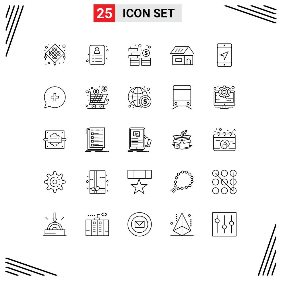 25 Universal Lines Set for Web and Mobile Applications map mobile investment home build Editable Vector Design Elements