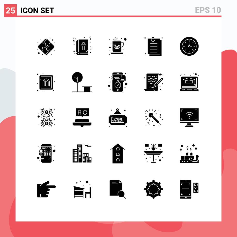 Group of 25 Solid Glyphs Signs and Symbols for crime education coffee alarm document Editable Vector Design Elements