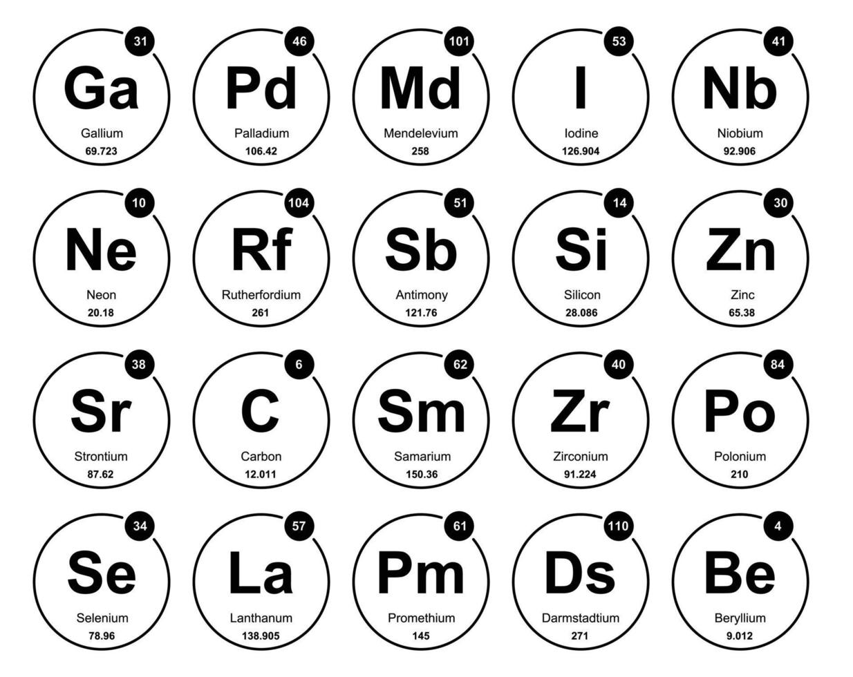 diseño de paquete de iconos de 20 tablas preiodicas de los elementos vector