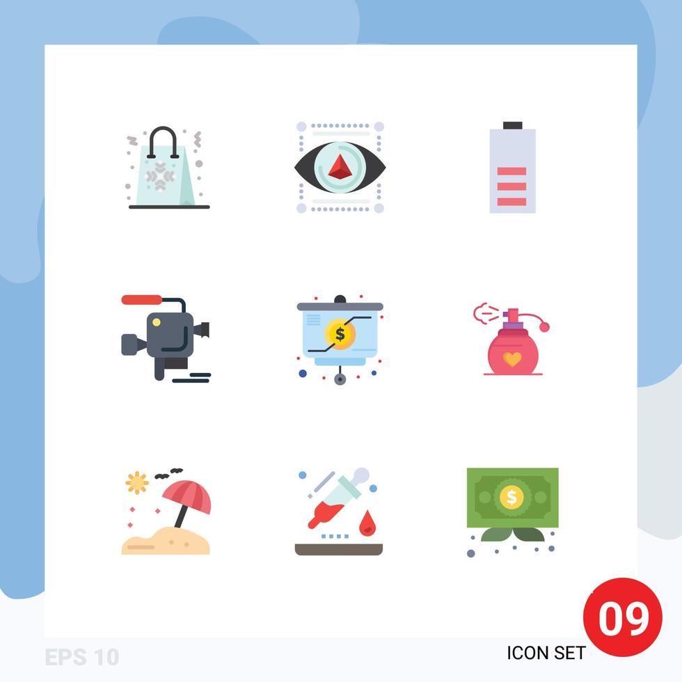 conjunto de 9 paquetes de colores planos comerciales para cámara de película cine impresora cámara energía elementos de diseño vectorial editables vector