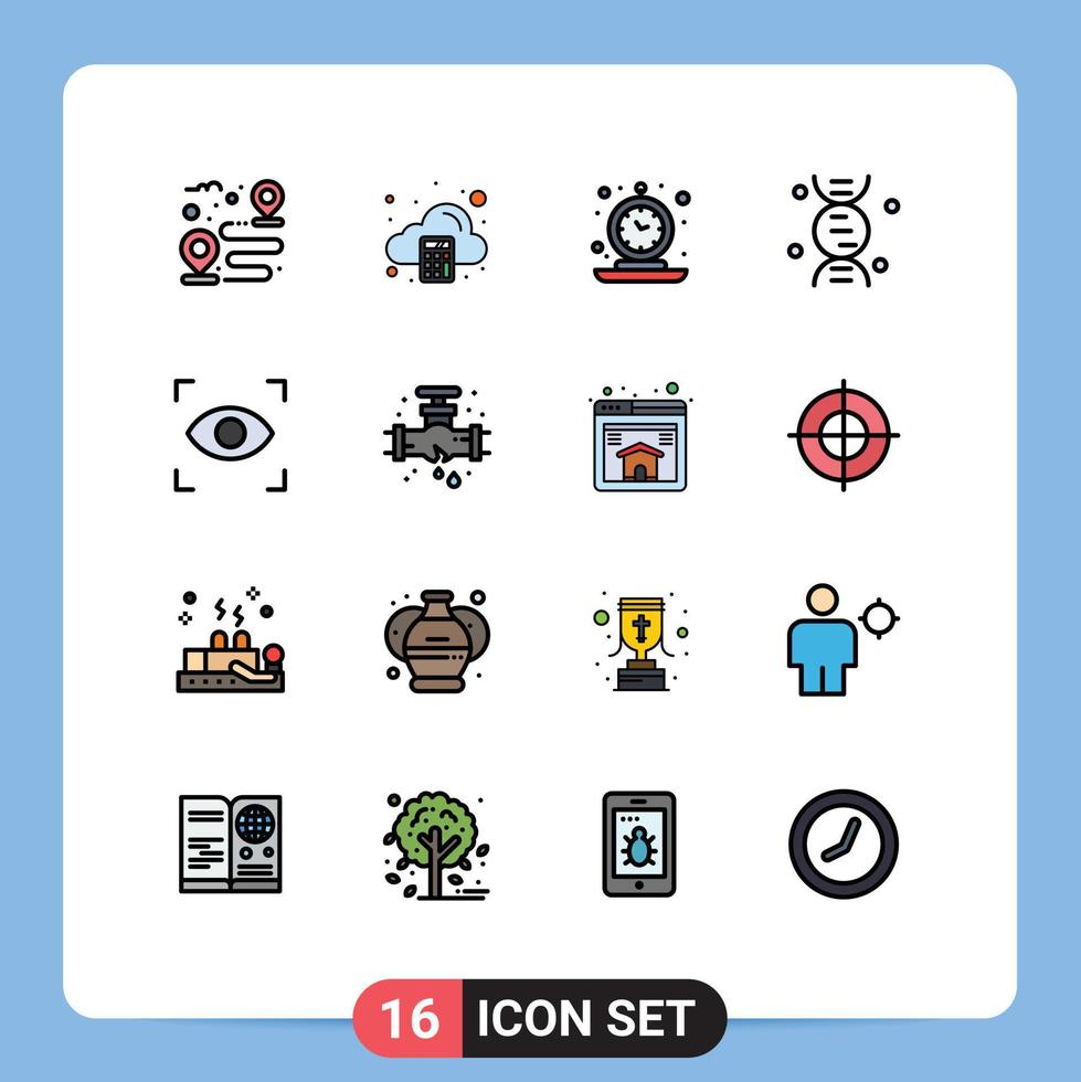 Modern Set of 16 Flat Color Filled Lines and symbols such as focus science alarm research time Editable Creative Vector Design Elements