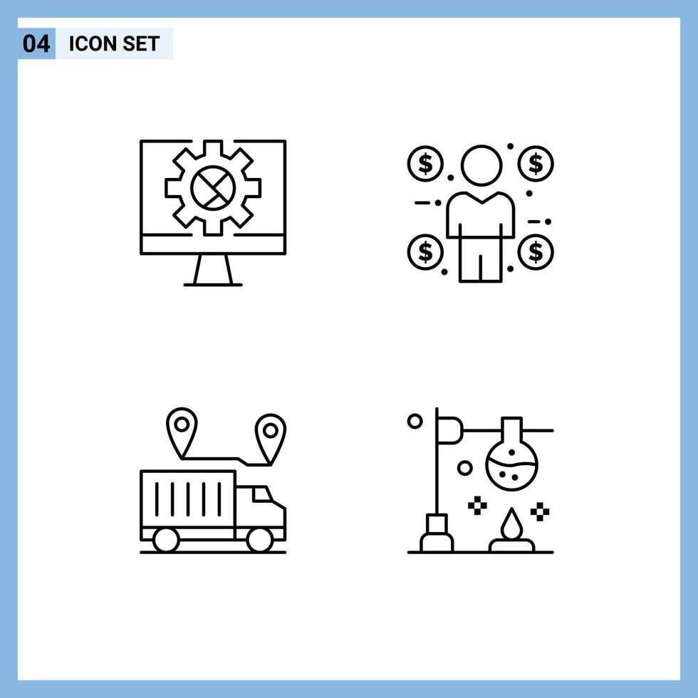 paquete de 4 signos y símbolos modernos de colores planos de línea de relleno para medios de impresión web, como configuración de ubicación de computadora, elementos de diseño de vectores editables de confianza de monedas