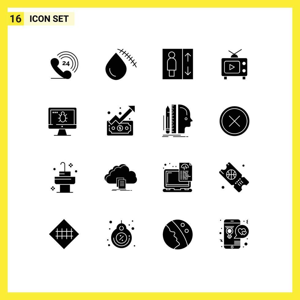 16 User Interface Solid Glyph Pack of modern Signs and Symbols of screen monitor elevator video television Editable Vector Design Elements