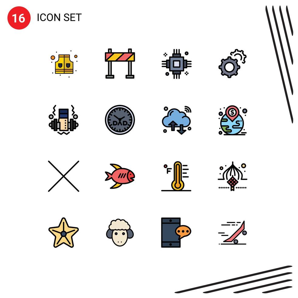 Mobile Interface Flat Color Filled Line Set of 16 Pictograms of clock gym electric dumbbell gears Editable Creative Vector Design Elements