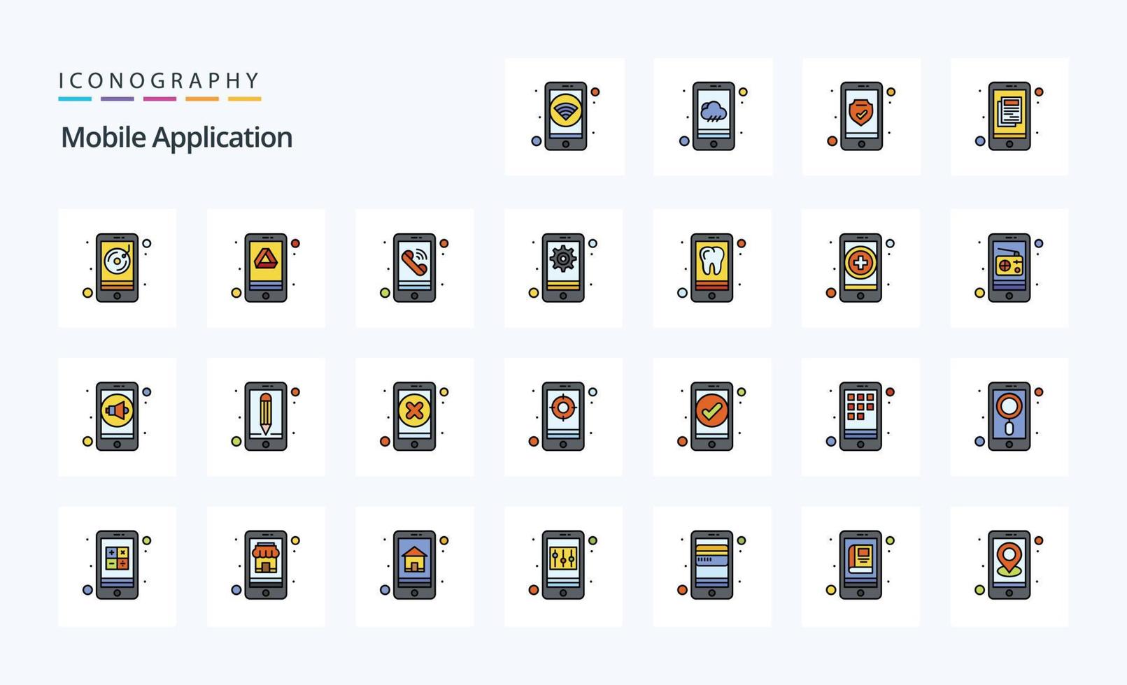 paquete de iconos de estilo lleno de línea de 25 aplicaciones móviles vector