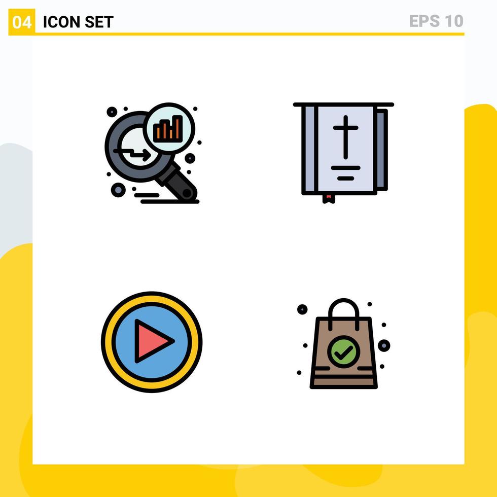Set of 4 Commercial Filledline Flat Colors pack for data analyzing video search stats cross play Editable Vector Design Elements