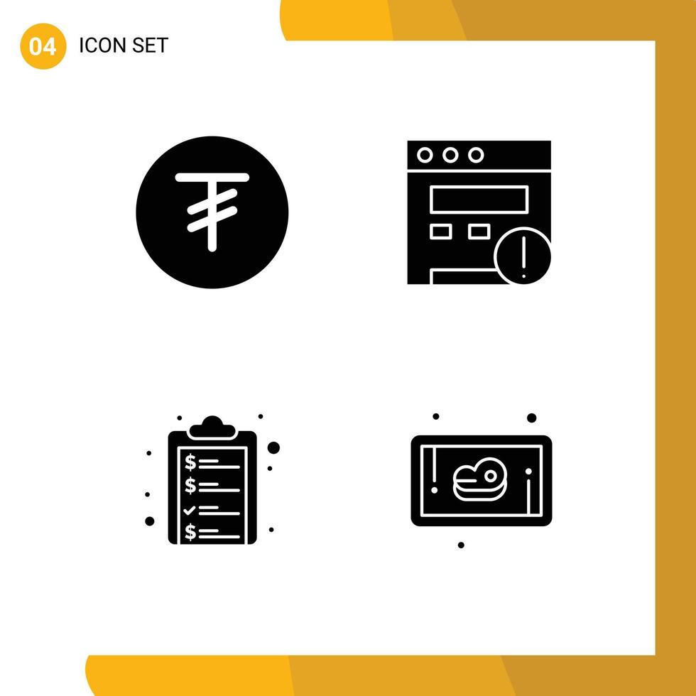 Group of 4 Solid Glyphs Signs and Symbols for tugrik money alert check list meat Editable Vector Design Elements