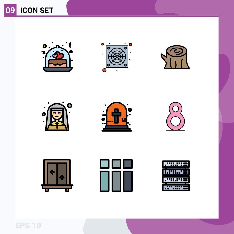 Set of 9 Modern UI Icons Symbols Signs for halloween cross profession wood nun female Editable Vector Design Elements
