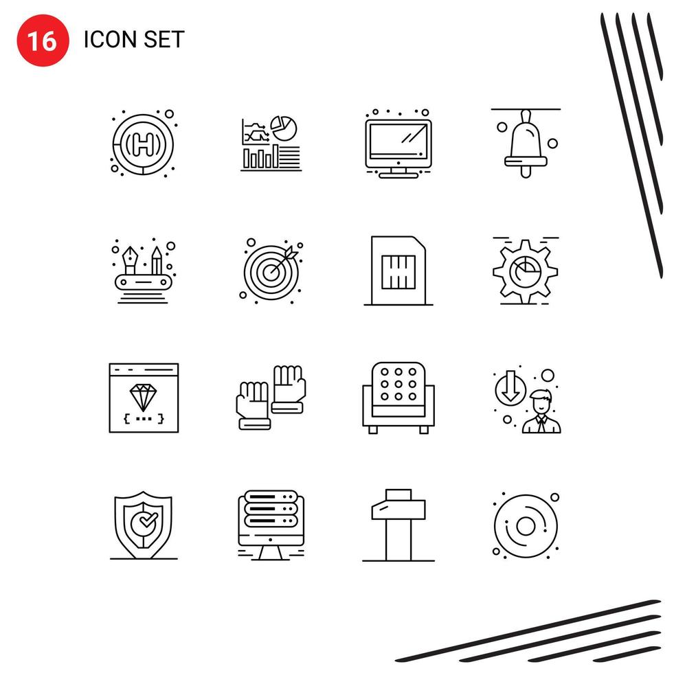 Pack of 16 Modern Outlines Signs and Symbols for Web Print Media such as goals networking monitor competencies school Editable Vector Design Elements