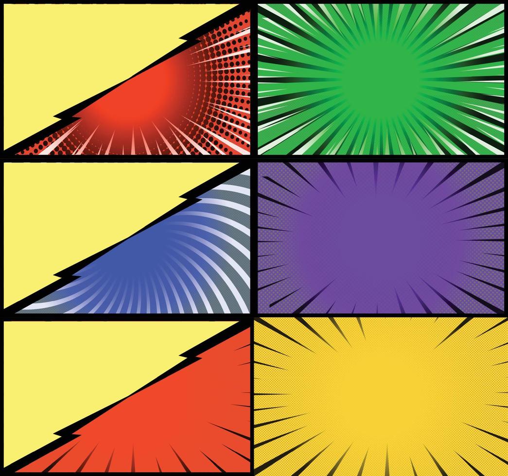 Comic book colorful frames background with halftone rays radial and dotted effects pop art style vector