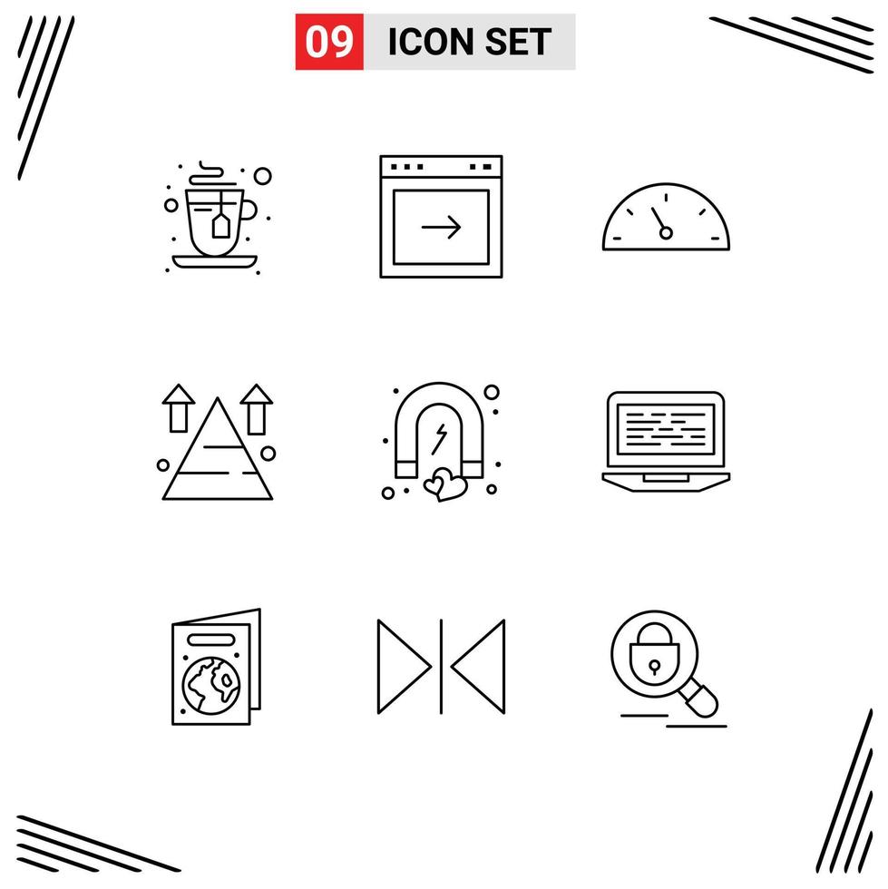 9 User Interface Outline Pack of modern Signs and Symbols of love attract performance top arrow Editable Vector Design Elements