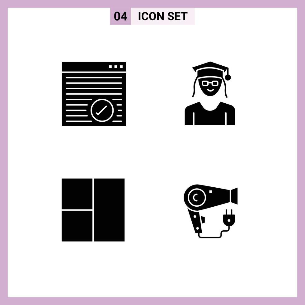 Universal Icon Symbols Group of 4 Modern Solid Glyphs of browser layout webpage graduation hair Editable Vector Design Elements