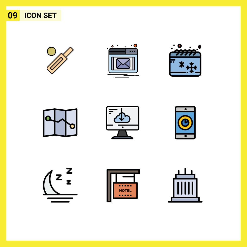 Modern Set of 9 Filledline Flat Colors Pictograph of install download calendar cloud map Editable Vector Design Elements