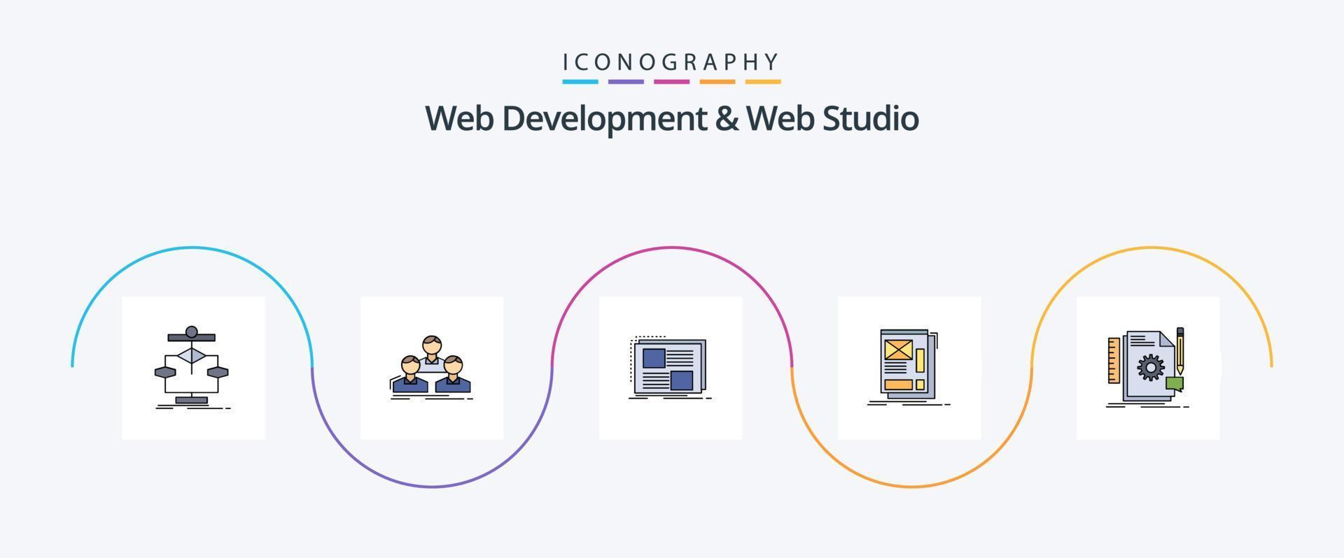 Web Development And Web Studio Line Filled Flat 5 Icon Pack Including framing. people. text. frame vector