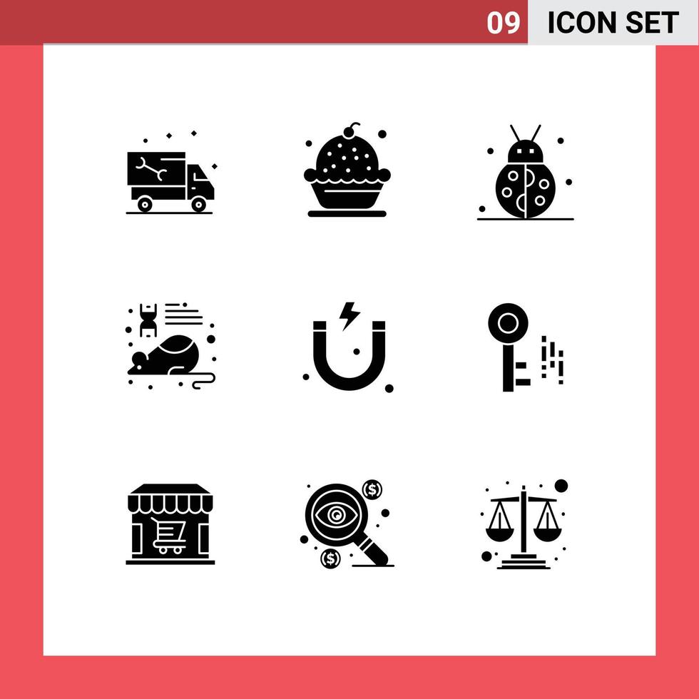 Set of 9 Vector Solid Glyphs on Grid for mouse education dessert winter bug Editable Vector Design Elements