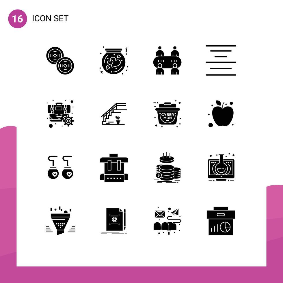 16 Thematic Vector Solid Glyphs and Editable Symbols of gear briefcase box text align Editable Vector Design Elements