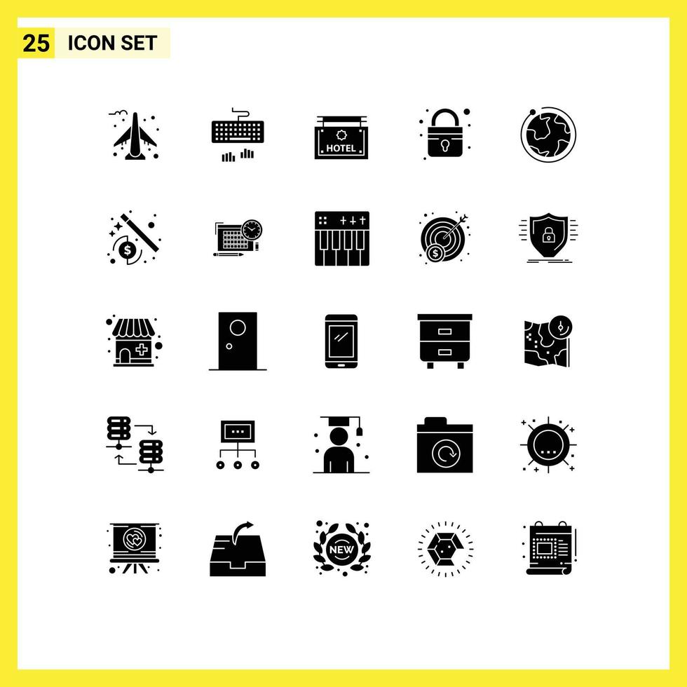 Editable Vector Line Pack of 25 Simple Solid Glyphs of hotel world sign globe lock Editable Vector Design Elements