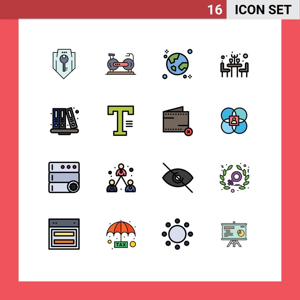 16 concepto de línea llena de color plano para sitios web móviles y aplicaciones mesa cena bicicleta planeta elementos de diseño de vectores creativos editables globales