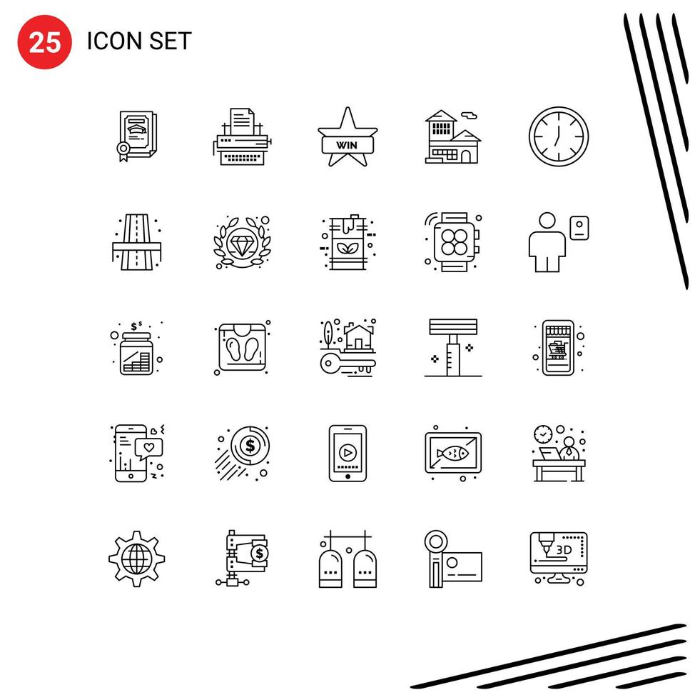 25 Universal Lines Set for Web and Mobile Applications clock building paper bank account win Editable Vector Design Elements