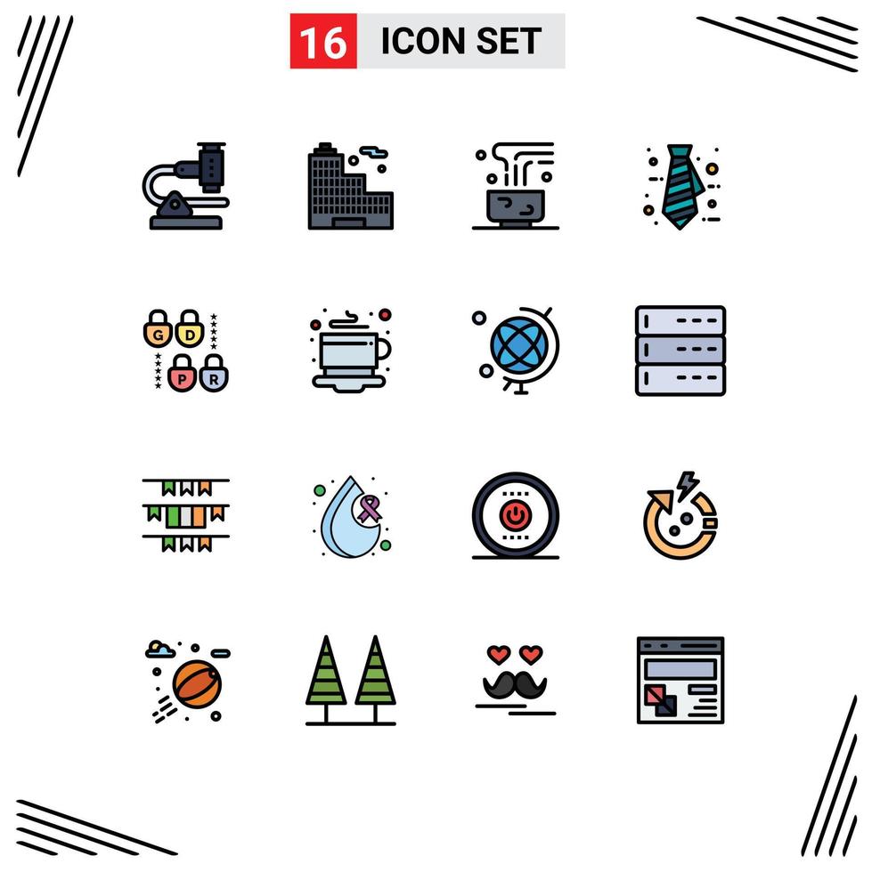 Universal Icon Symbols Group of 16 Modern Flat Color Filled Lines of lock tie coffee office mug Editable Creative Vector Design Elements