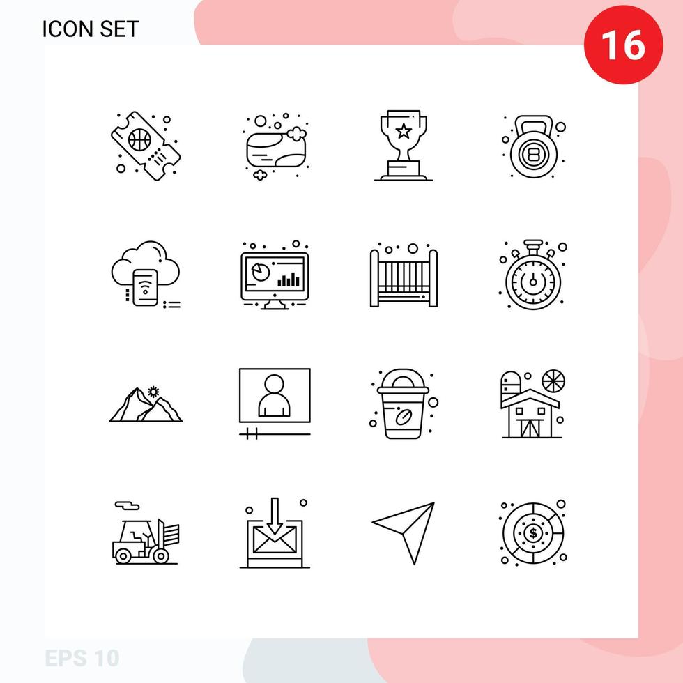 16 Thematic Vector Outlines and Editable Symbols of cloud wifi cup fitness kettle bell Editable Vector Design Elements