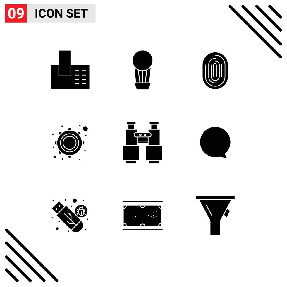 9 Thematic Vector Solid Glyphs and Editable Symbols of binoculars musical identity music scanning Editable Vector Design Elements