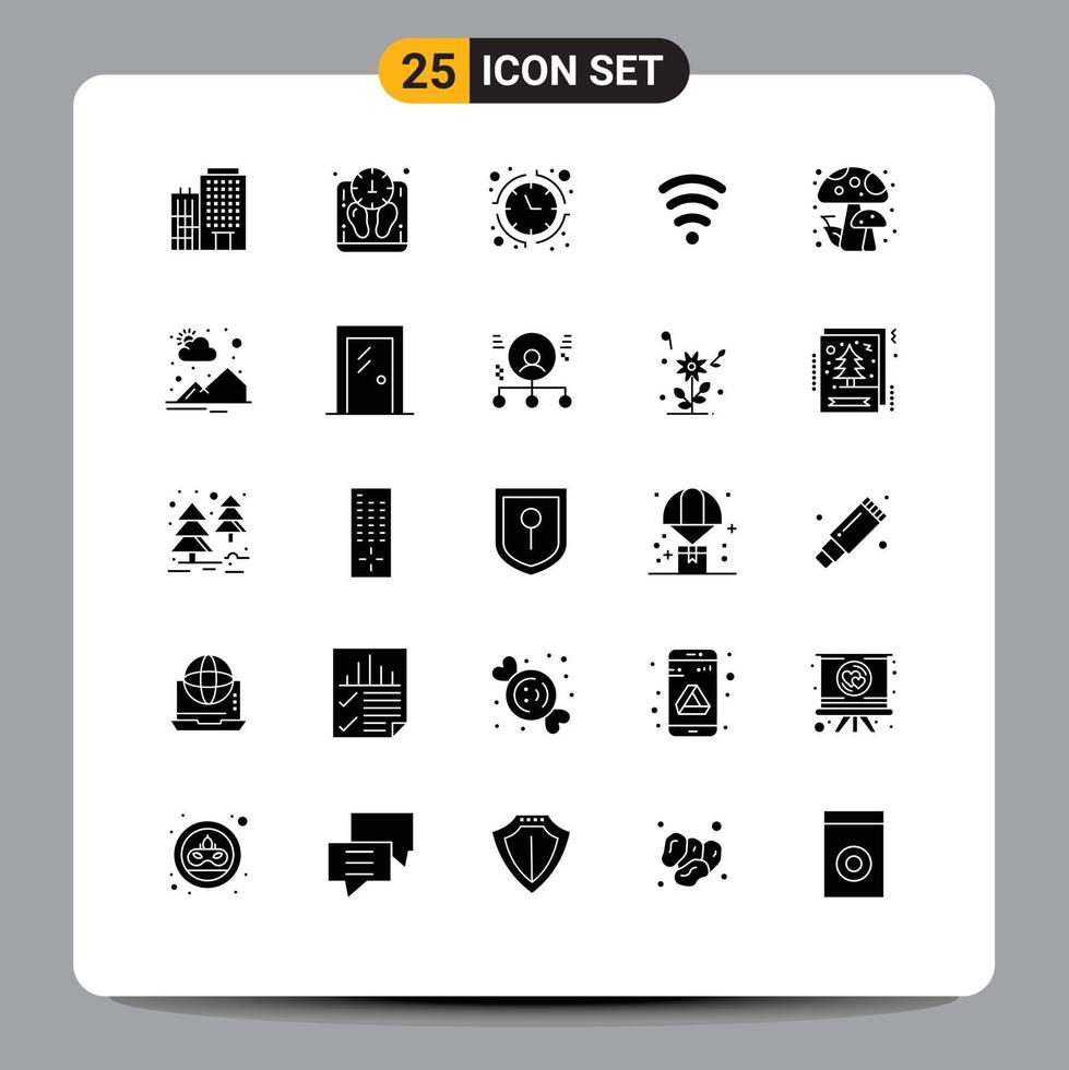 Mobile Interface Solid Glyph Set of 25 Pictograms of mushrooms autumn banking signal wifi Editable Vector Design Elements