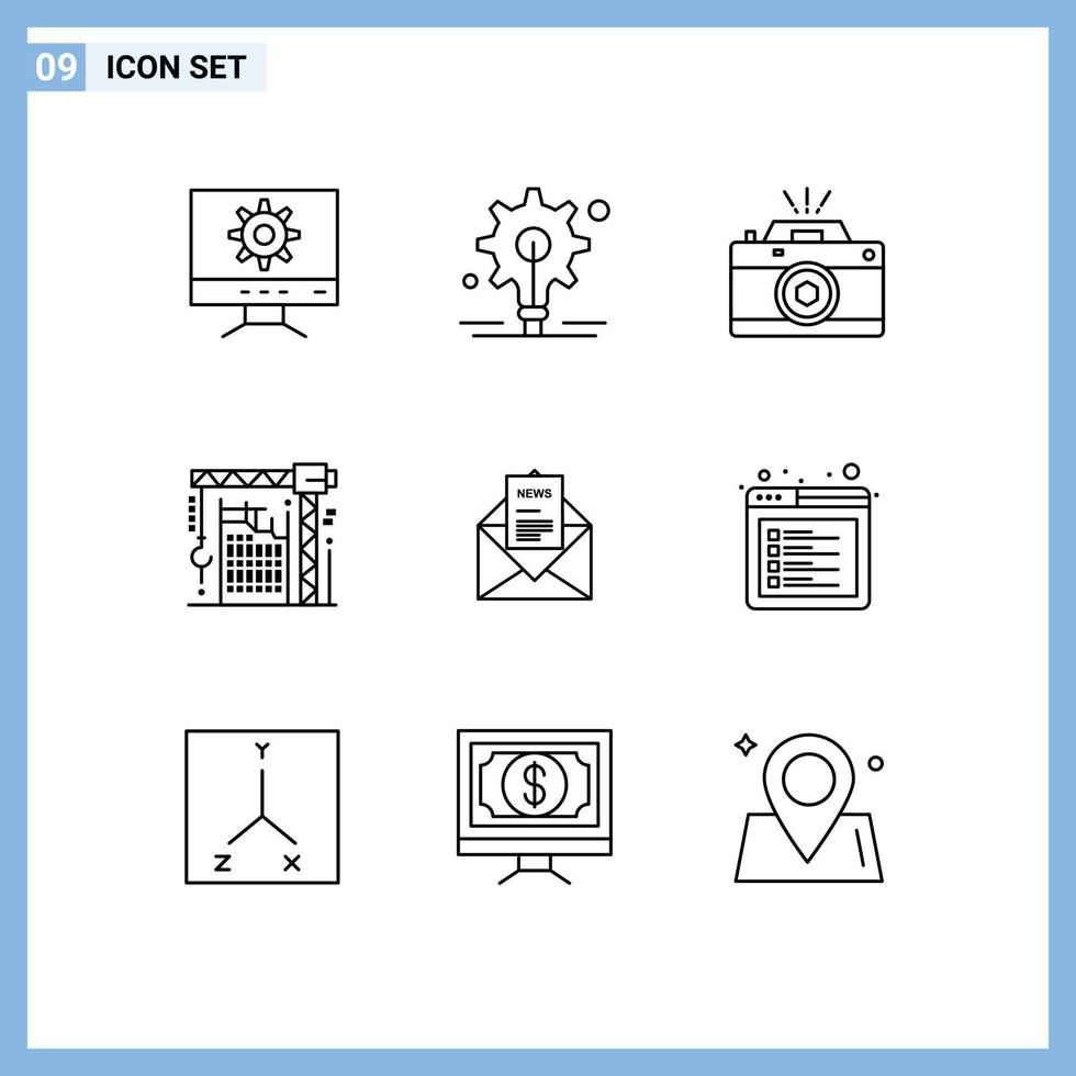Universal Icon Symbols Group of 9 Modern Outlines of email machine capture interior crane Editable Vector Design Elements