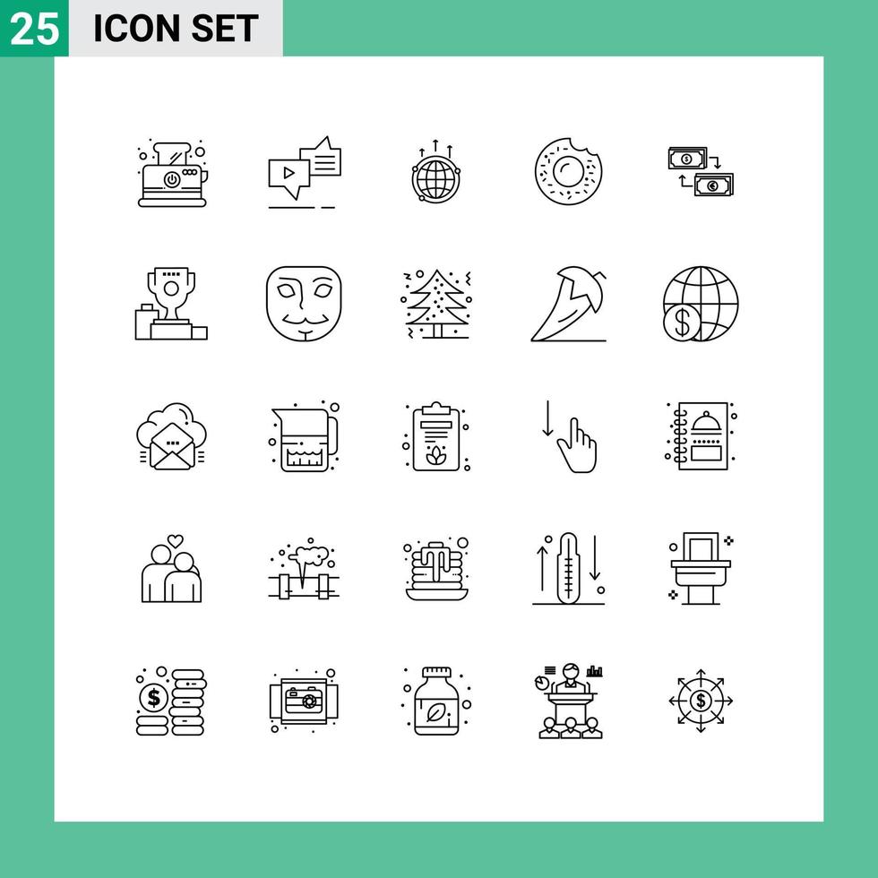 Editable Vector Line Pack of 25 Simple Lines of sweets donut speech world connection Editable Vector Design Elements