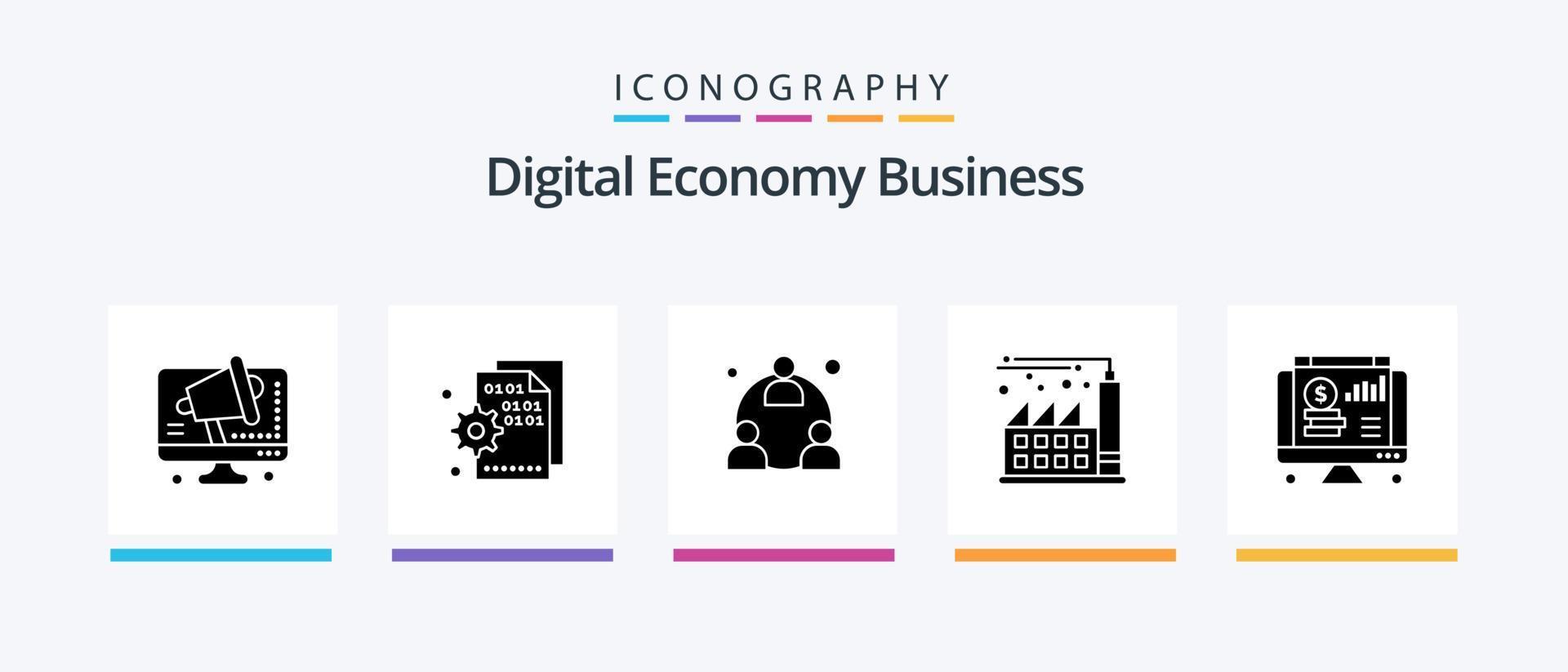 Digital Economy Business Glyph 5 Icon Pack Including online. economy. setting. factory. network. Creative Icons Design vector