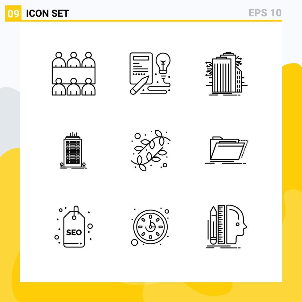 Stock Vector Icon Pack of 9 Line Signs and Symbols for catkin tower technology skyscaper bulding Editable Vector Design Elements