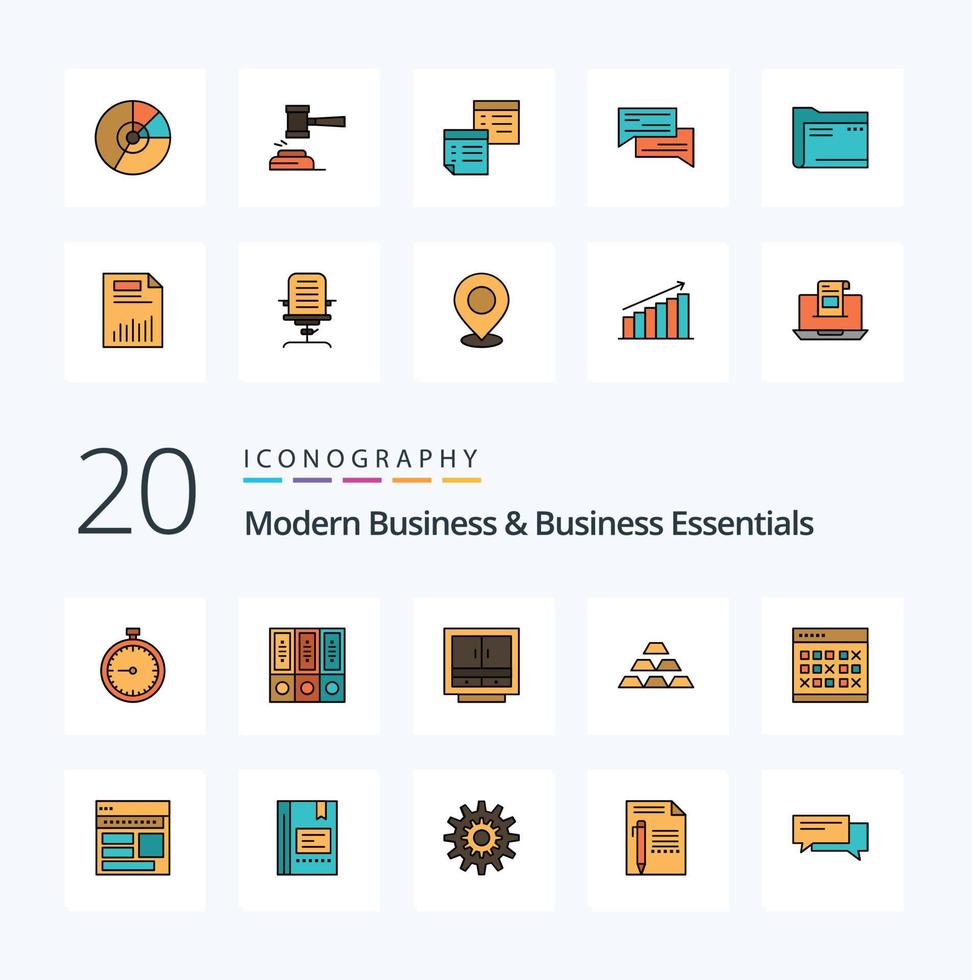 20 paquetes de iconos de color llenos de líneas esenciales de negocios y negocios modernos como carpetas de negocios de archivos de cajones de muebles vector