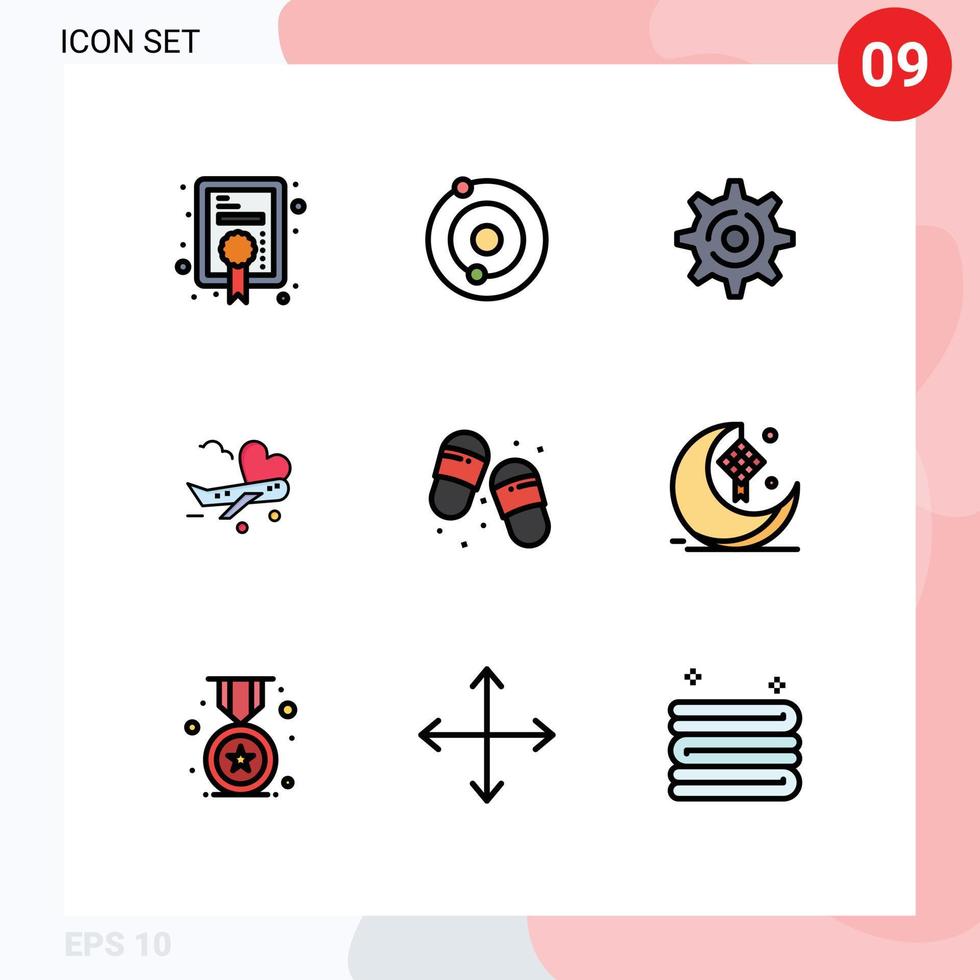 Pictogram Set of 9 Simple Filledline Flat Colors of slippers flip flops gear beach plane Editable Vector Design Elements