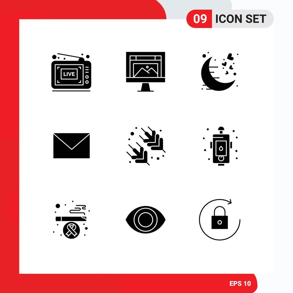 Pack of 9 creative Solid Glyphs of sand massege website sms night Editable Vector Design Elements