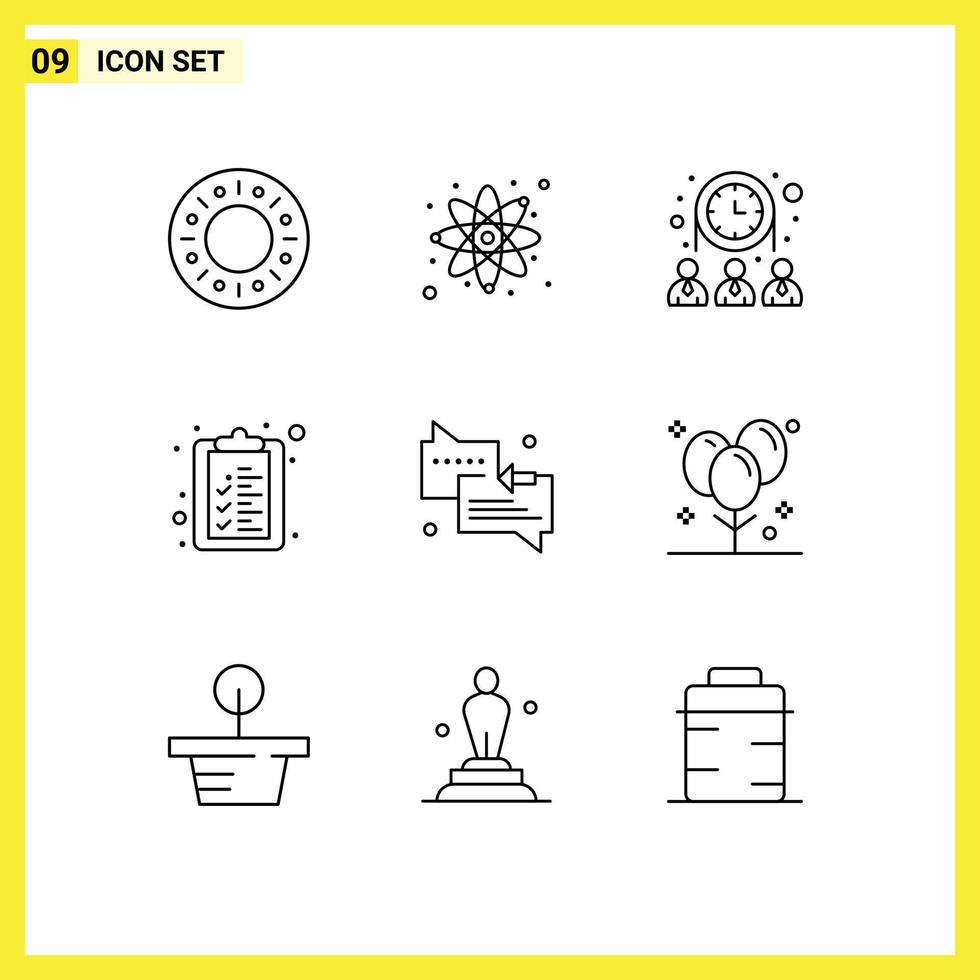 Pack of 9 Modern Outlines Signs and Symbols for Web Print Media such as balloons support team messages list Editable Vector Design Elements