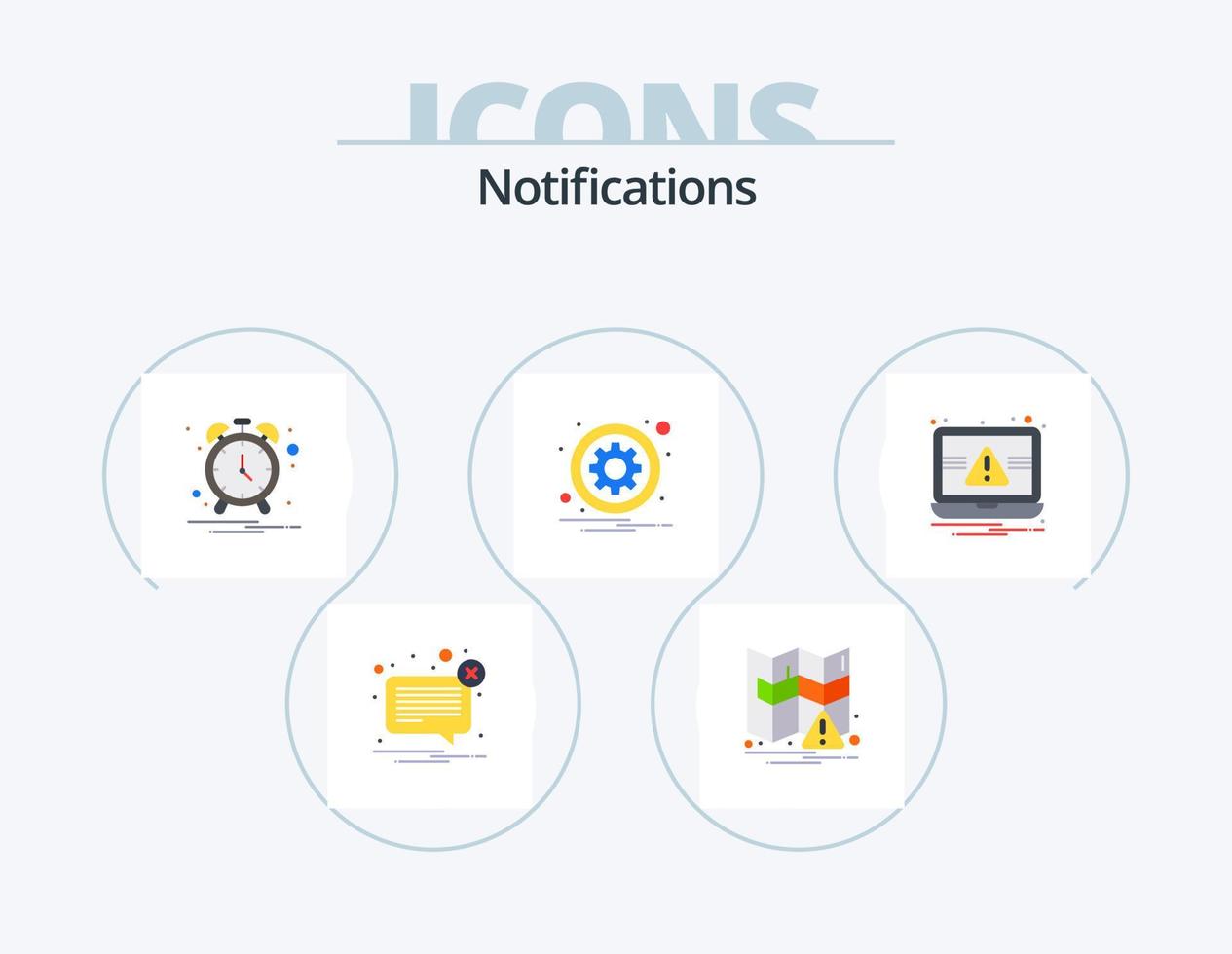 notificaciones flat icon pack 5 diseño de iconos. ordenador portátil. opciones alarma. entorno. engranaje vector