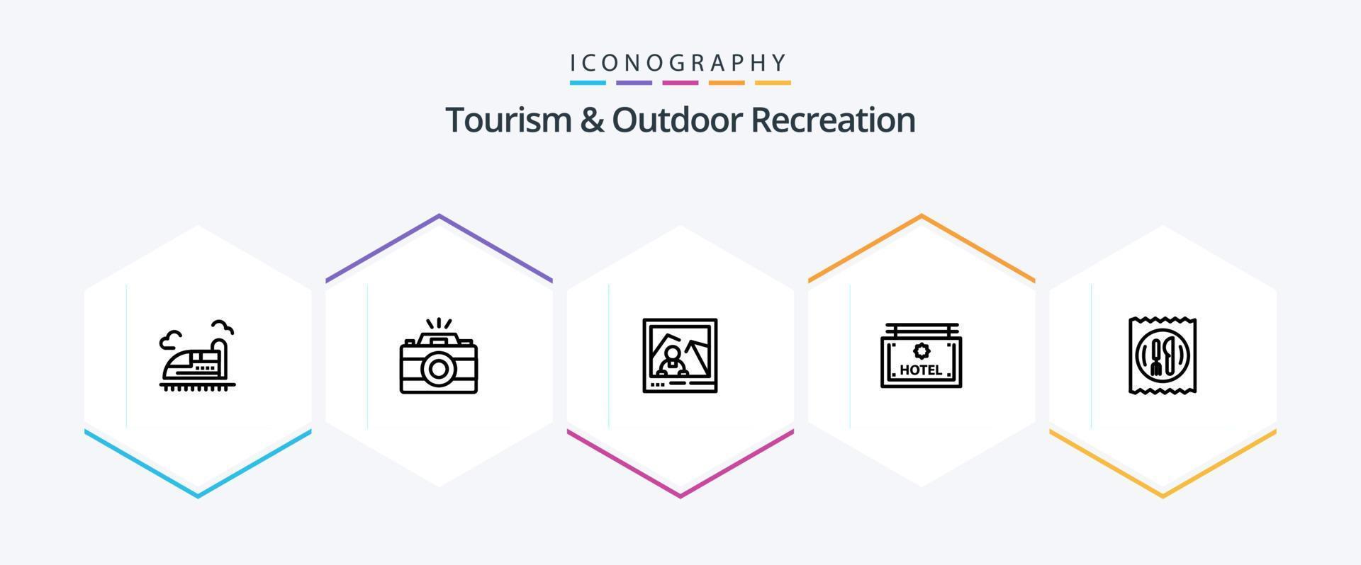 paquete de iconos de 25 líneas de turismo y recreación al aire libre que incluye hotel. dirección. fotografía. junta. hotel vector